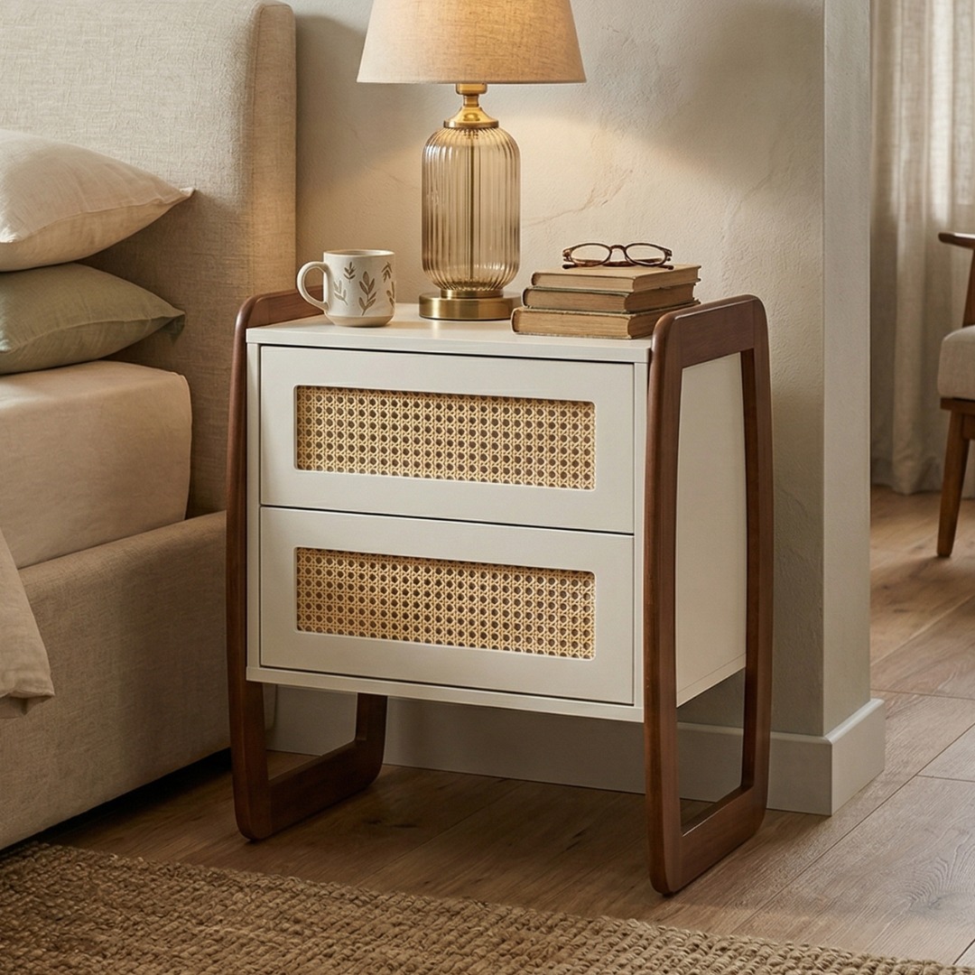 MESA CABECEIRA MEYER 2 GAVETAS COM RATTAN OFF WHITE/CASTANHO ENVELHECIDO