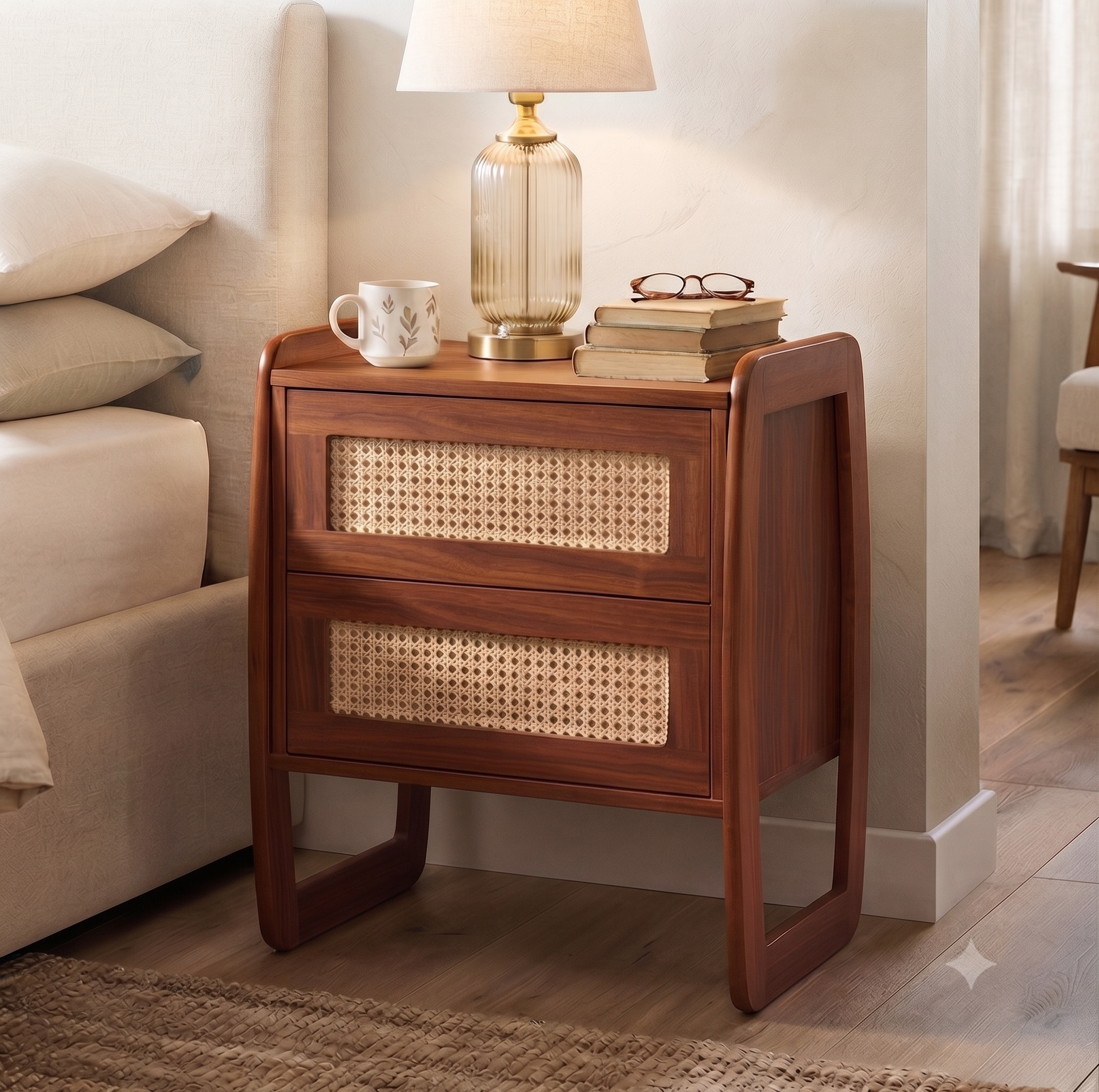 MESA CABECEIRA MEYER 2 GAVETAS COM RATTAN CASTANHO ENVELHECIDO